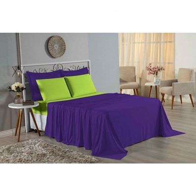 Jogo De Cama Solteiro Nobre 3 Peças Lençol Com Elástico De 30cm De Altura Malha 100% Algodão - Roxo / Pistache