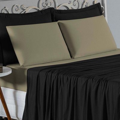 Jogo De Cama Solteiro Nobre 3 Peças Lençol Com Elástico De 30cm De Altura Malha 100% Algodão - Preto / Avelã