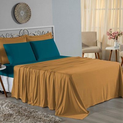 Jogo De Cama Solteiro Nobre 3 Peças Lençol Com Elástico De 30cm De Altura Malha 100% Algodão - Cobre / Petróleo