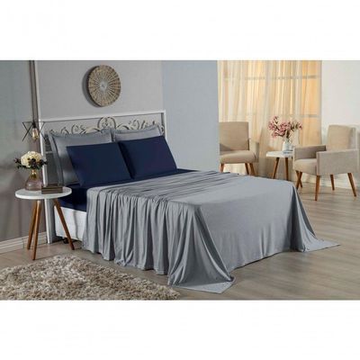 Jogo De Cama Solteiro Nobre 3 Peças Lençol Com Elástico De 30cm De Altura Malha 100% Algodão - Cinza / Azul-marinho