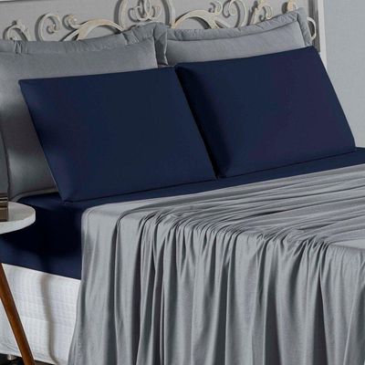 Jogo De Cama Solteiro Nobre 3 Peças Lençol Com Elástico De 30cm De Altura Malha 100% Algodão - Cinza / Azul-marinho