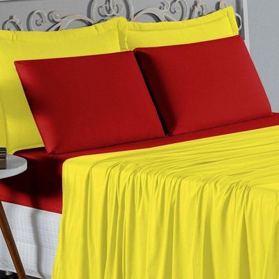 Jogo De Cama Solteiro Nobre 3 Peças Lençol Com Elástico De 30cm De Altura Malha 100% Algodão - Amarelo / Vermelho