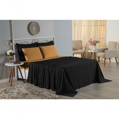 Jogo De Cama Queen Nobre 4 Peças Lençol Com Elástico De 30cm De Altura Malha 100% Algodão - Preto / Cobre