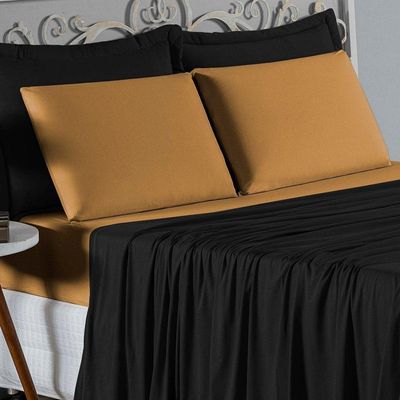 Jogo De Cama Queen Nobre 4 Peças Lençol Com Elástico De 30cm De Altura Malha 100% Algodão - Preto / Cobre