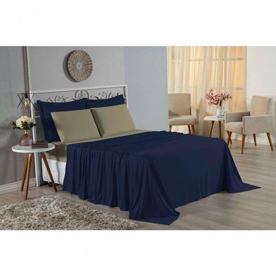 Jogo De Cama Casal Viúva Nobre 4 Peças Malha 100% Algodão - Azul-marinho / Avelã