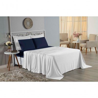 Jogo De Cama Queen Nobre 4 Peças Lençol Com Elástico De 30cm De Altura Malha 100% Algodão - Branco / Azul-marinho