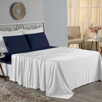 Jogo De Cama Queen Nobre 4 Peças Lençol Com Elástico De 30cm De Altura Malha 100% Algodão - Branco / Azul-marinho