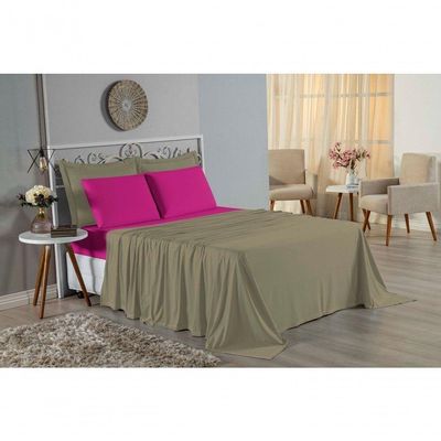 Jogo De Cama Queen Nobre 4 Peças Lençol Com Elástico De 30cm De Altura Malha 100% Algodão - Avelã / Pink