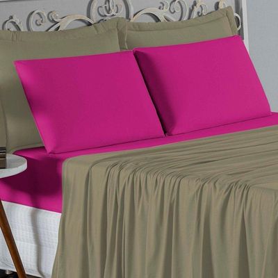 Jogo De Cama Queen Nobre 4 Peças Lençol Com Elástico De 30cm De Altura Malha 100% Algodão - Avelã / Pink