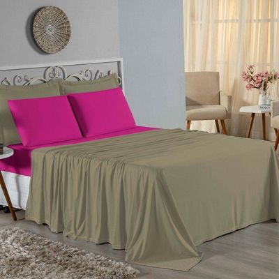Jogo De Cama Queen Nobre 4 Peças Lençol Com Elástico De 30cm De Altura Malha 100% Algodão - Avelã / Pink