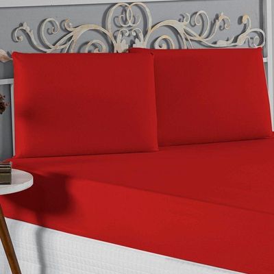 Jogo De Cama Queen Nobre 3 Peças Lençol Com Elástico De 30cm De Altura Malha 100% Algodão - Vermelho