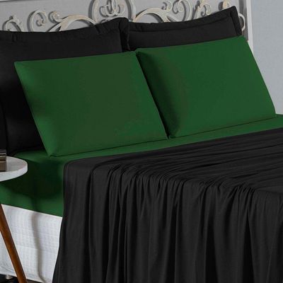 Jogo De Cama King Nobre 4 Peças Lençol Com Elástico De 30cm De Altura Malha 100% Algodão - Preto / Verde-bandeira