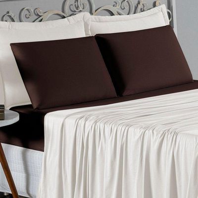 Jogo De Cama Casal Nobre 4 Peças Lençol Com Elástico De 30cm De Altura Malha 100% Algodão - Palha / Marrom