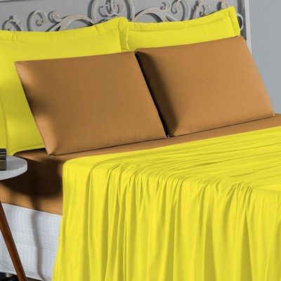 Jogo De Cama Casal Viúva Nobre 4 Peças Malha 100% Algodão - Amarelo / Cobre