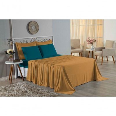 Jogo De Cama Casal Nobre 4 Peças Lençol Com Elástico De 30cm De Altura Malha 100% Algodão - Cobre / Petróleo