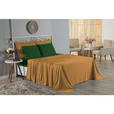 Jogo De Cama Casal Nobre 4 Peças Lençol Com Elástico De 30cm De Altura Malha 100% Algodão - Cobre / Verde-bandeira