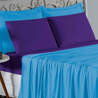 Jogo De Cama Casal Nobre 4 Peças Lençol Com Elástico De 30cm De Altura Malha 100% Algodão - Turquesa / Roxo