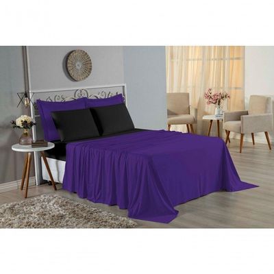 Jogo De Cama Casal Nobre 4 Peças Lençol Com Elástico De 30cm De Altura Malha 100% Algodão - Roxo / Preto