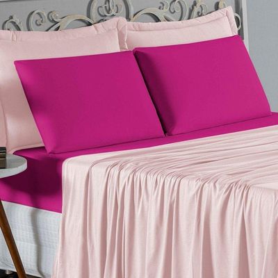 Jogo De Cama Casal Nobre 4 Peças Lençol Com Elástico De 30cm De Altura Malha 100% Algodão - Rosa / Pink