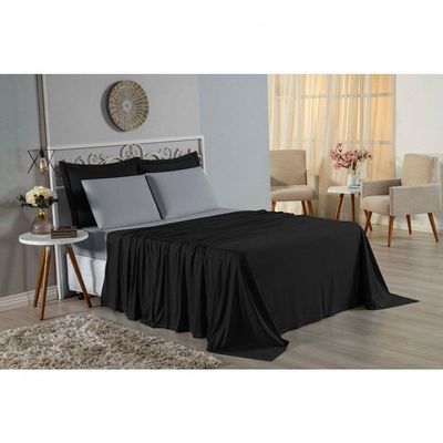Jogo De Cama Casal Nobre 4 Peças Lençol Com Elástico De 30cm De Altura Malha 100% Algodão - Preto / Cinza