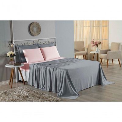 Jogo De Cama Casal Nobre 4 Peças Lençol Com Elástico De 30cm De Altura Malha 100% Algodão - Cinza / Rosa