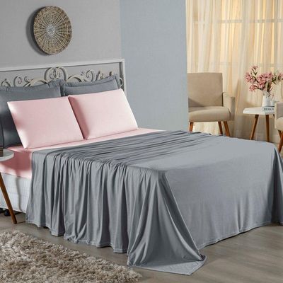 Jogo De Cama Casal Nobre 4 Peças Lençol Com Elástico De 30cm De Altura Malha 100% Algodão - Cinza / Rosa