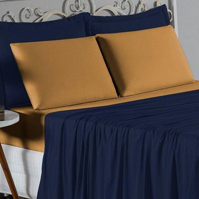 Jogo De Cama Casal Nobre 4 Peças Lençol Com Elástico De 30cm De Altura Malha 100% Algodão - Azul-marinho / Cobre