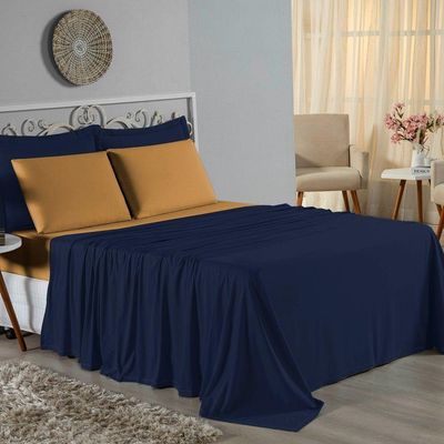 Jogo De Cama Casal Nobre 4 Peças Lençol Com Elástico De 30cm De Altura Malha 100% Algodão - Azul-marinho / Cobre