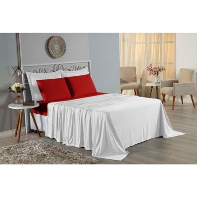 Jogo De Cama King Nobre 4 Peças Lençol Com Elástico De 30cm De Altura Malha 100% Algodão - Branco / Vermelho