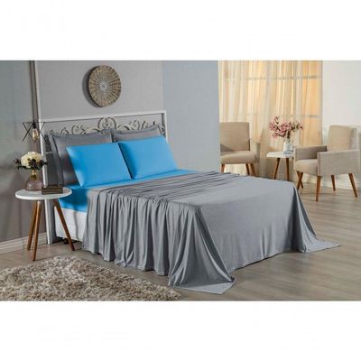 Jogo De Cama King Nobre 4 Peças Lençol Com Elástico De 30cm De Altura Malha 100% Algodão - Cinza / Turquesa