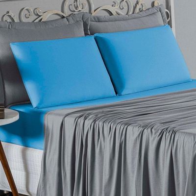 Jogo De Cama King Nobre 4 Peças Lençol Com Elástico De 30cm De Altura Malha 100% Algodão - Cinza / Turquesa