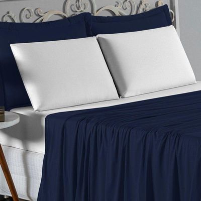 Jogo De Cama King Nobre 4 Peças Lençol Com Elástico De 30cm De Altura Malha 100% Algodão - Azul-marinho / Branco