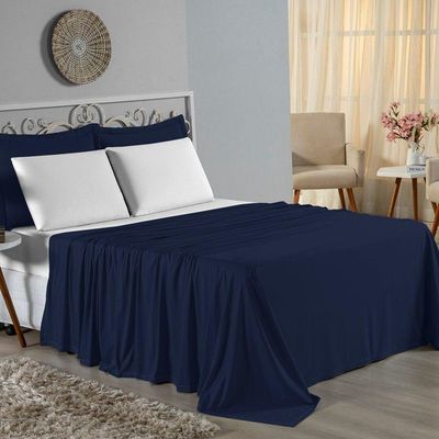 Jogo De Cama King Nobre 4 Peças Lençol Com Elástico De 30cm De Altura Malha 100% Algodão - Azul-marinho / Branco