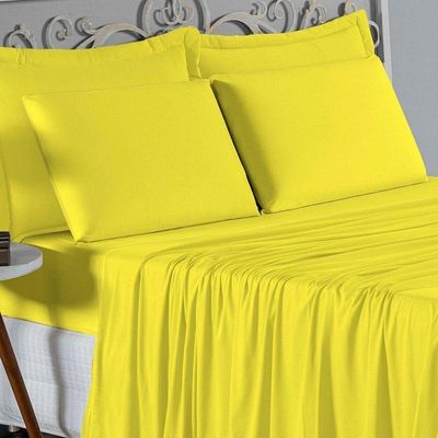 Jogo De Cama King Nobre 4 Peças Lençol Com Elástico De 30cm De Altura Malha 100% Algodão - Amarelo