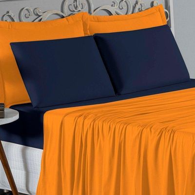Jogo De Cama Casal Viúva Nobre 4 Peças Malha 100% Algodão - Laranja / Azul-marinho