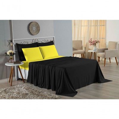 Jogo De Cama Casal Nobre 4 Peças Lençol Com Elástico De 30cm De Altura Malha 100% Algodão - Preto / Amarelo