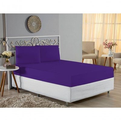 Jogo De Cama Casal Nobre 3 Peças Lençol Com Elástico De 30cm De Altura Malha 100% Algodão - Roxo