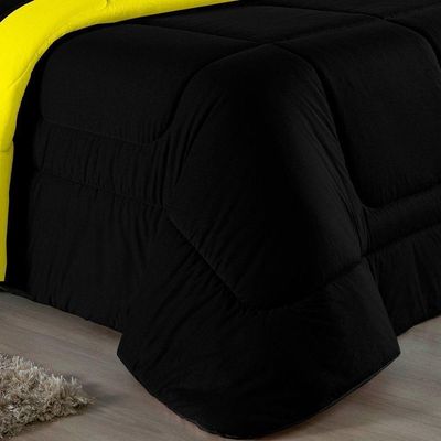 Kit Edredom Dupla Face + Jogo De Lençol Queen Nobre 7 Peças Malha 100% Algodão - Preto / Amarelo