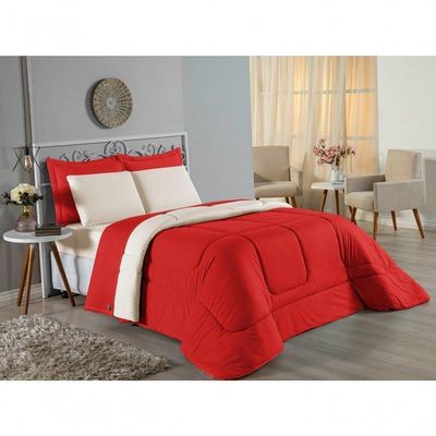 Kit Edredom Dupla Face + Jogo De Lençol King Nobre 6 Peças Malha 100% Algodão - Vermelho / Palha