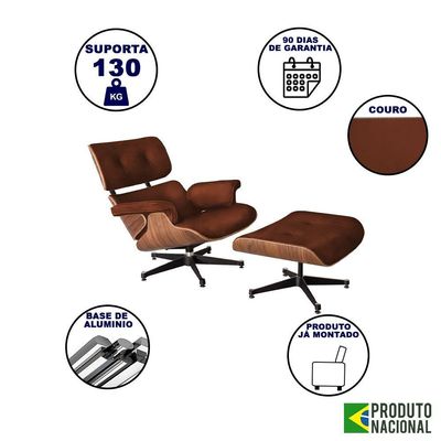 Poltrona Para Leitura Charles Eames Com Puff Couro Natural Marrom