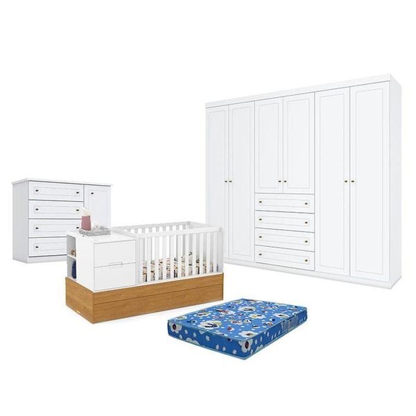 Quarto De Bebê Americano 6 Portas Com Berço Americano Multifuncional Formare Branco Freijó - Matic E Colchão Tendtudo