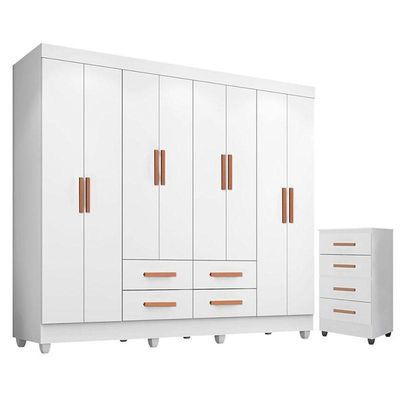 Guarda Roupa Casal Porto Com Cômoda Lite 4 Gavetas Branco Brilho - Móveis Leão