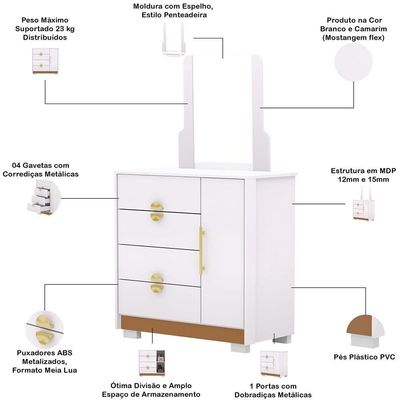 Cômoda Sapateira Com Espelho Para Quarto 1 Porta 4 Gavetas Paraty V01 Branco Camarim Flex - Lyam Decor