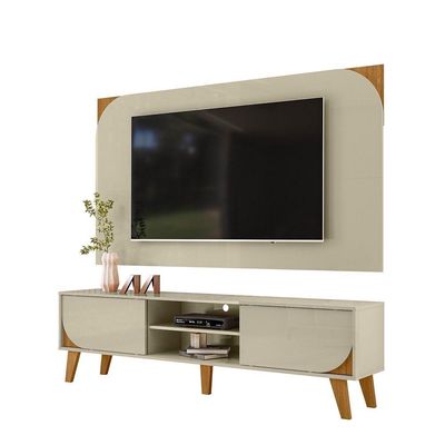 Kit Rack Bancada E Painel Duna 2 Portas Deslizantes Pés De Madeira - Pallazio Cor Cumaru E Opala