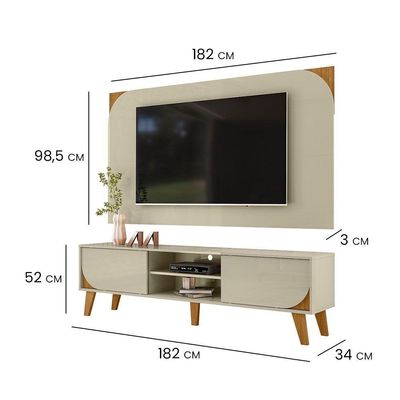 Kit Rack Bancada E Painel Duna 2 Portas Deslizantes Pés De Madeira - Pallazio Cor Cumaru E Opala