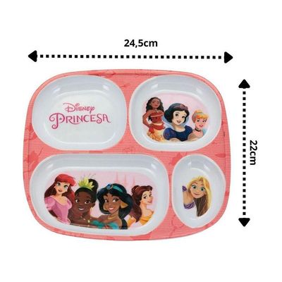 Kit Refeição Infantil Princesas Disney 6 Peças Prato Divisória, Tigela, Copo E Talheres - Tuut