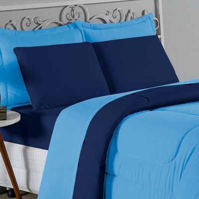 Kit Edredom Dupla Face + Jogo De Lençol Casal Viúva Nobre 7 Peças Malha 100% Algodão - Turquesa / Azul-marinho