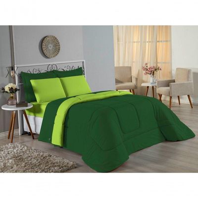 Kit Edredom Dupla Face + Jogo De Lençol Casal Viúva Nobre 7 Peças Malha 100% Algodão - Verde-bandeira / Pistache