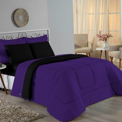 Kit Edredom Dupla Face + Jogo De Lençol Casal Viúva Nobre 6 Peças Malha 100% Algodão - Roxo / Preto