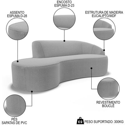 Sofá Living 3 Lugares 210cm Braço Direito Mozart D06 Bouclê Cinza - Mpozenato